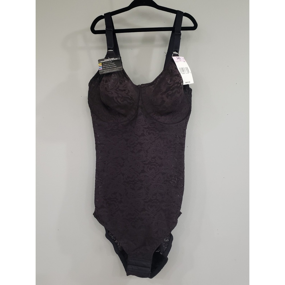 NEW Bali Black Lace Shapewear Bodysuit One Piece Slimming 34D BLACK